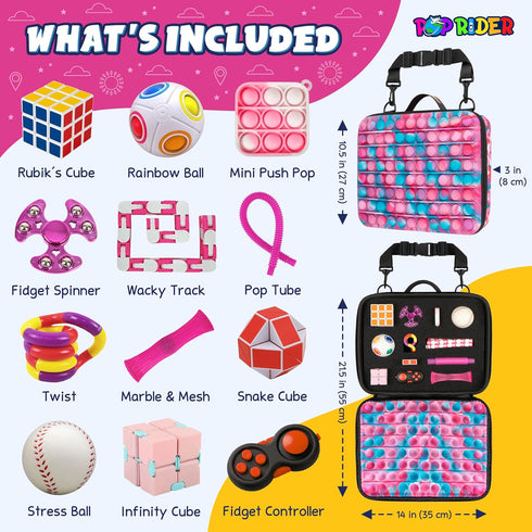 Travel Fidget Case Set - 12 Fidget Toys, Road Trip Activities for Kids, Sensory Toys for Long Trips (Pink)