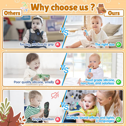 WeeHomm 3 6 Baby Remote Control Toy, Remote Teether for Baby with Realistic Light and Sounds - Languages (English