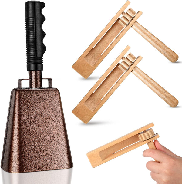 Nuanchu 4 Pcs Matraca Noise Makers, Steel Cow Bells Ratchet Wooden Spinning Rattle for Games Party Sports