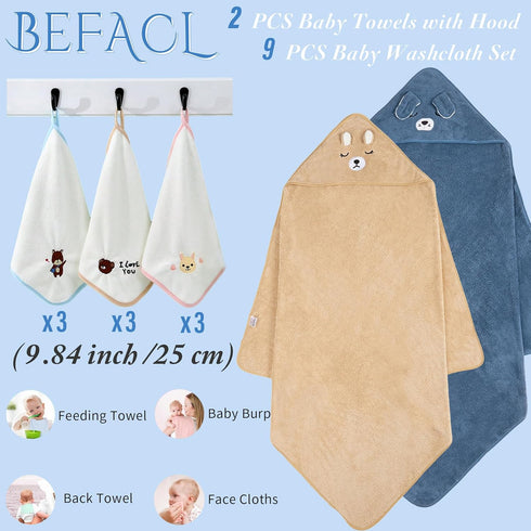 BEFACL 2 Pack 9 35.5x35.5 Inch Hooded Towel for Baby, Coral Fleece and Baby Washcloths, Soft and Absorbent Baby Towels