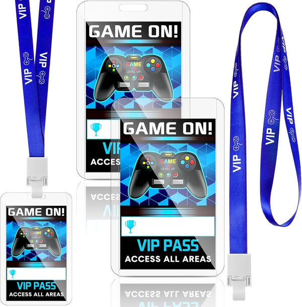 16 Pieces Blue Video Game VIP Pass Holder Tickets Set, Gamer Party Favors, Game Ticket Holder for Birthday Supplies