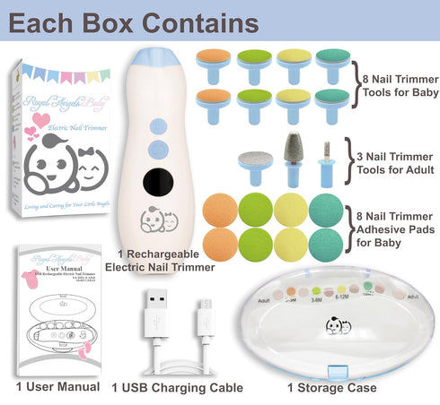 Rechargeable Baby Nail Trimmer Kit - 22 in 1 with LCD Display, 13 Extra Replacement Tools for Newborn Toddler Nail