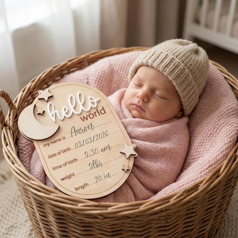 TTMerriwood 6.5 Inch Baby Announcement Sign Star, Wooden Hello World Newborn Welcome Sign Birth Name Plaques for Photo