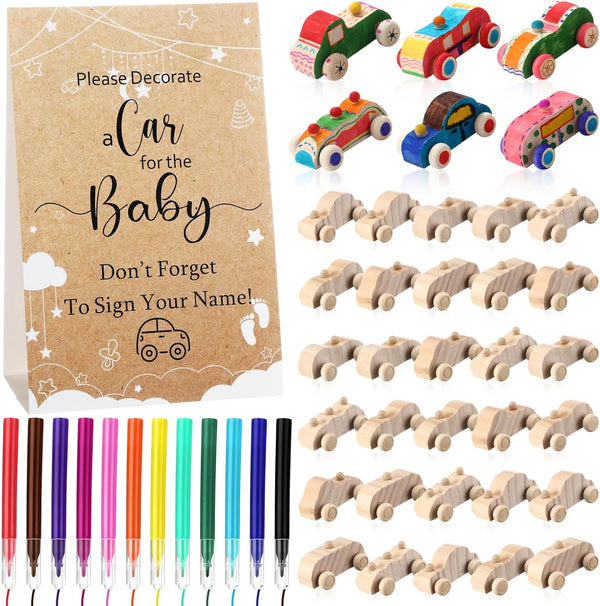 WinnerWhy Baby Shower Game Sign Kit Includes 32 Unfinished Wooden Car Blocks,