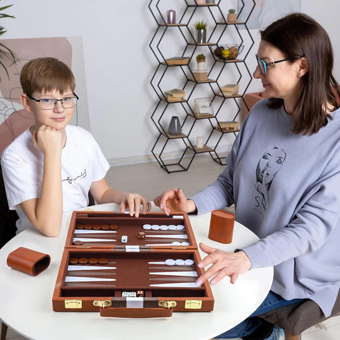 Backgammon Set for 2 Players, Classic Portable Board Game with PU Leather Case (Brown, 15inch)