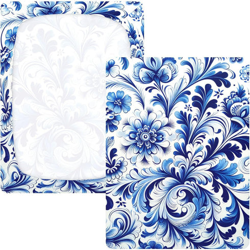 CZXW 52" 28" Blue White Floral Tile Crib Sheets Fitted x Natural Cotton Soft & Breathable for Baby Crib Mattress