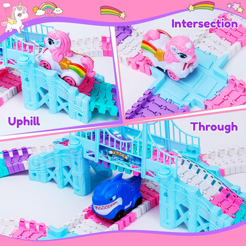 3 4 5 194PCS 4-8 3-6 6-8 Race Track Toys for Year Old Girls Gifts: Unicorn & Shark Flexible Racetrack for Kids Ages |
