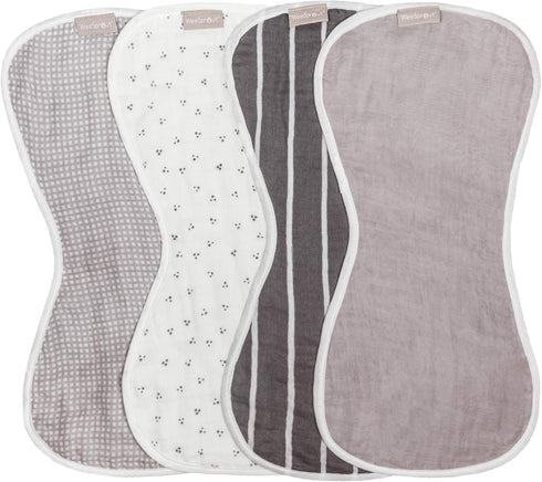 WeeSprout Unisex Organic Cotton Burp Cloths Set of 4, Ultra-Absorbent Layers, Button Transforms into Baby Bib, Machine