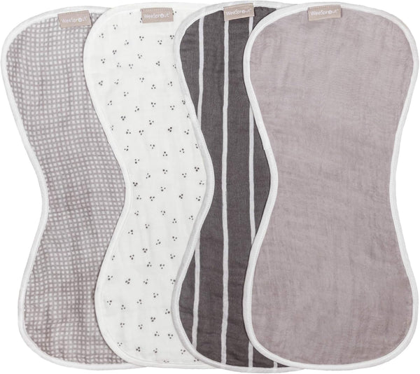 WeeSprout Unisex Organic Cotton Burp Cloths Set of 4, Ultra-Absorbent Layers, Button Transforms into Baby Bib, Machine