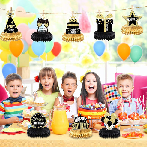 8 Pieces Happy Birthday Party Decorations Supplies, Birthday Honeycomb Centerpieces Table Toppers, Black and Gold
