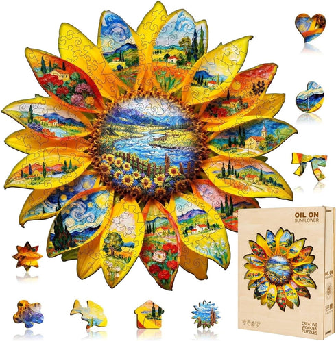 Wooden Sunflower Puzzles Adults, Flower Shaped Wood Puzzle 245 Pieces, Oil Painting