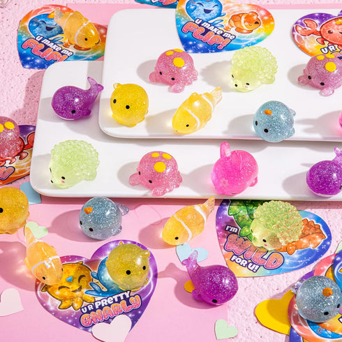 28 JOYIN PCS Valentines Day Gift Cards with Glitter Mochi Squishy Toys, Cute Sea Animals Mochi to Squeeze, Stress