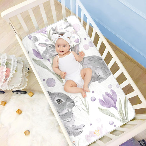 SyXIOP 28" 52" Puple Lily Calla Cute Bunnies Cooling Baby Waterproof Crib Mattress Cover x Washable Crib Padding