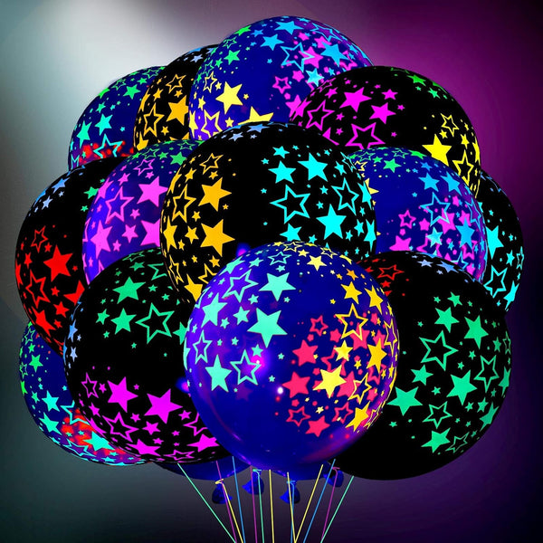 Chivao 50 Pieces Neon Glow Balloons, Blacklight Fluorescent Mini Stars for Party Decoration, Black, Clear