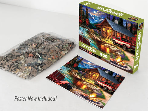 500 Springbok Cabin on the Creek Piece Jigsaw Puzzle for Adults - Poster Now Included - Moonlit Outdoor Puzzle - Unique