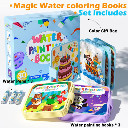 BATHKITS 3 Pack 30 3+ Reusable Water Painting Book for Kids - Magic Water Coloring Books with Water Pens, Fairy Tale