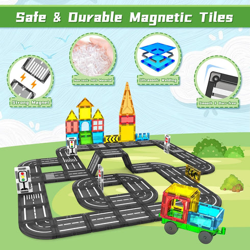 Magnetic Tiles Road Set, Magnet Tiles for Kids Ages 3-8, Montessori Educational STEM Creativity Toys for Toddlers