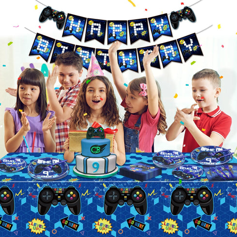 81 Pcs Video Game Birthday Decorations, 9th Gamer Party Supplies for Boys, Serves 20 with Plates Napkins Forks