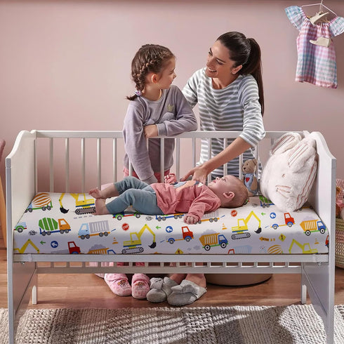 2 Pack Crib Sheets 52in x 28in | 100% Soft Breathable Cotton for Standard Crib and Toddler Mattresses, Truck/Dinosaur