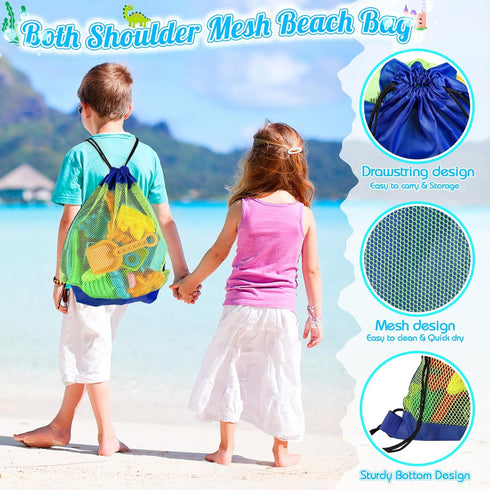 34Pcs Set 2 3-12 Beach Toys, Dinosaur Sand Toys for Kids Toddlers, Sandbox Toys with Collapsible Beach Bucket, Mesh