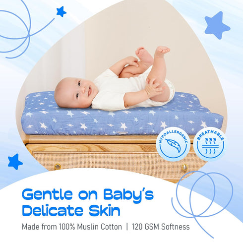 100% (Pack 2) Muslin Changing Pad Cover Ultra Soft, Breathable, Secure Fit, Fade-Resistant Prints for Boys and Girls