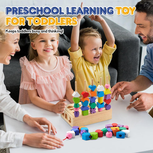 Montessori Educational Wooden Toys for Toddler 3-5 Years - Lacing Beads, Stacking Blocks, Shape Sorting Gifts for Kids