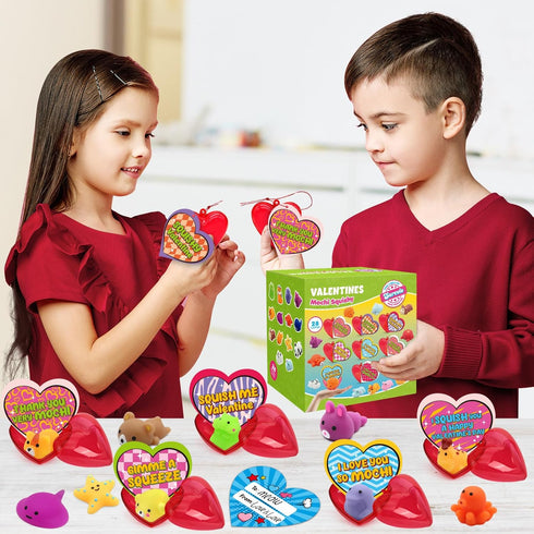 28 Pack SURCVIO Valentines Day Gifts for Kids, Animal Mochi Squishies Filled Heart-Shape Box and Greeting Cards Kawaii