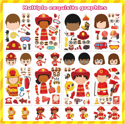 24 Sheets Firefighter Stickers for Kids, Make-a-face Fireman Themed Party Favor Craft Supplies