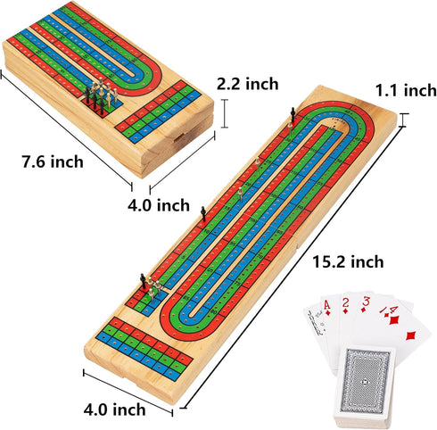 FUNPENY Traditional Wooden Cribbage Board Game Set, 3-Track with Metal Pegs and Deck of Cards