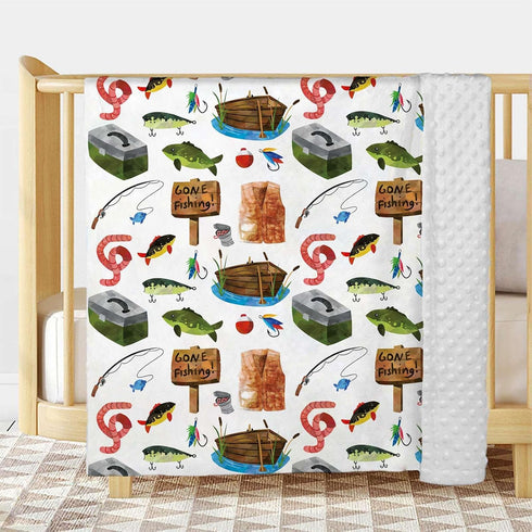 Fishing Baby Blanket, Gone Fishing Themed Toddler Minky Blanket, Double Layer Dotted Backing, 30"x40"