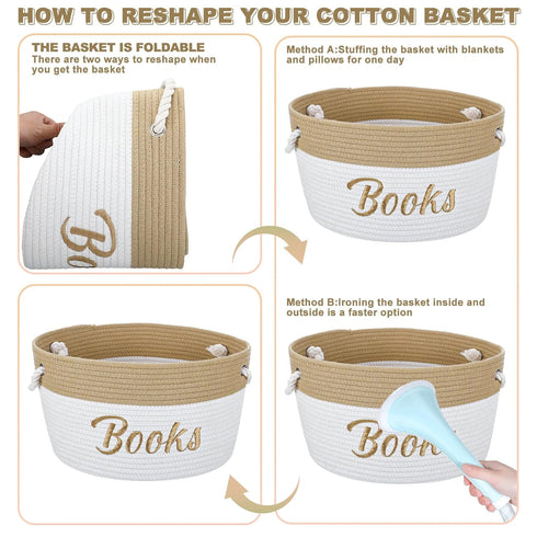 2 Pack Cotton Rope Storage Baskets, Embroidered Book Storage Bins with Handles, 15 x 11 x 9 Inches for Nursery