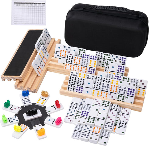 Mexican Train Double 12 Dominoes Set - 91 Tiles with 4 Wooden