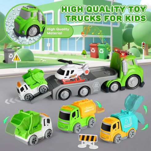 1, 2, 3, 4 Set, IJIGU Truck Toys for Toddler Year Old Boy, City Sanitation Transport Trucks Toy Ideal Christmas