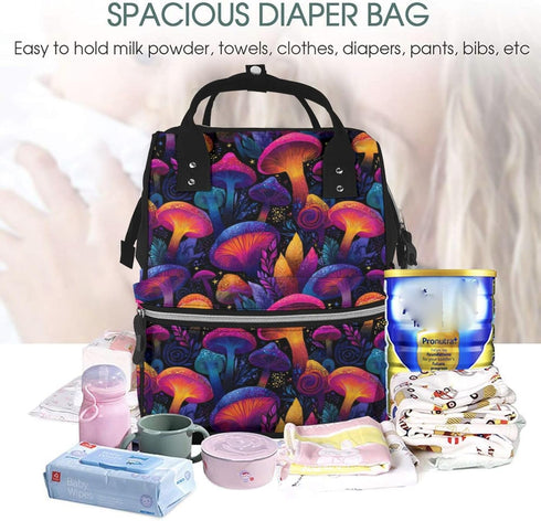 Qewfoju 70s 2 Backpack Backpack Mushroom Print Diaper Bag Large Capacity Diaper Baby Changing Bags