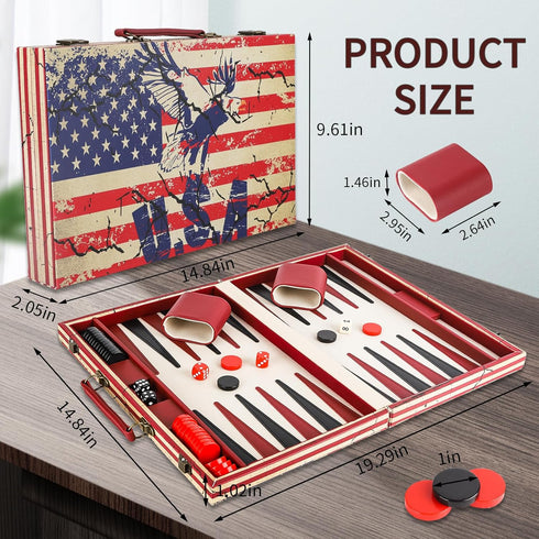 Backgammon Set - American Flag Design Classic Board Game for Family Game Night or Friends Party