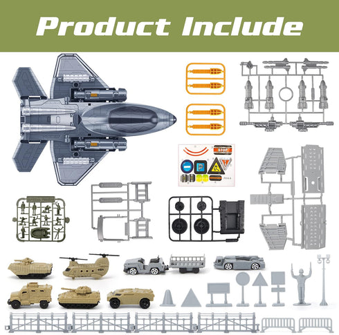 7 XDUOYJOY Military Fighter Jet Toys, Army Airplane Toys with Vehicles Trucks Helicopter Army Men, Decorate & Launch