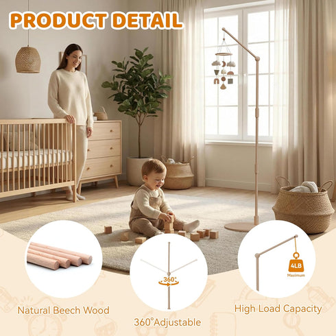 Coziloom Arm,44.5-61 Inches Floor-Standing Crib Mobile Adjustable Height Natural Beech Wood, Baby Mobile Holder Hanger