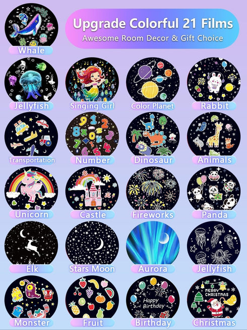 Eigther 21 Sets 1-14 360 of Films, Projector Night Light for Kids Bedroom, Ceiling, Baby Night Light Projector, Star