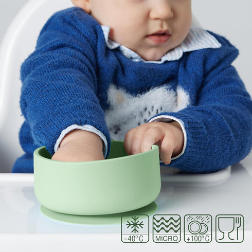 Silicone Baby Bowls with Suction - Toddler Bowls with Lids in Blue, Green, and Beige