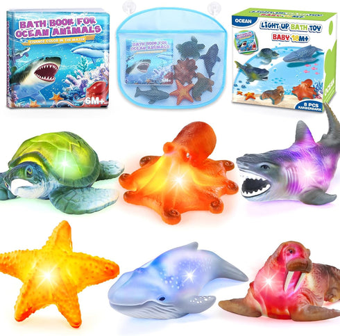 6 Pack Light Up Bath Toys & Magic Bath Book & Storage