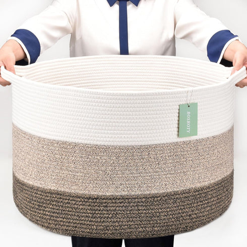 Extra Large Blanket Basket 87L - Cotton Rope Laundry Basket for Baby Nursery, Large Clothes Basket, White & Brown