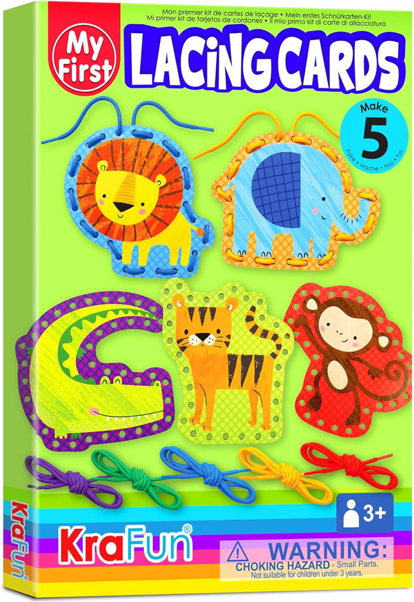 KRAFUN Beginner Preschool Lacing Card Kit for Kids Arts & Crafts, 5 Easy Safari and Animal Lacing Projects