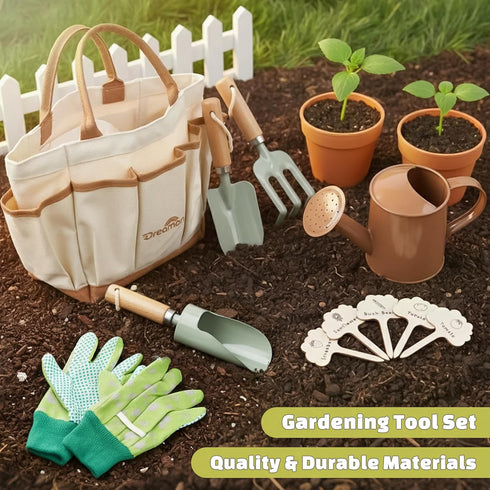 Set Dreamon Gardening Toys for Kids, Quality Garden Tool Kit Includes Tote Bag, Gloves, Shovel, Rake, Cultivator