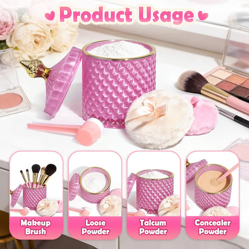 MMRYLEPTY 5 Set, 21oz Pcs Body Powder Puff Pink Glass Powder Container with Lid, Soft Powder Puffs & Spoons, Washable