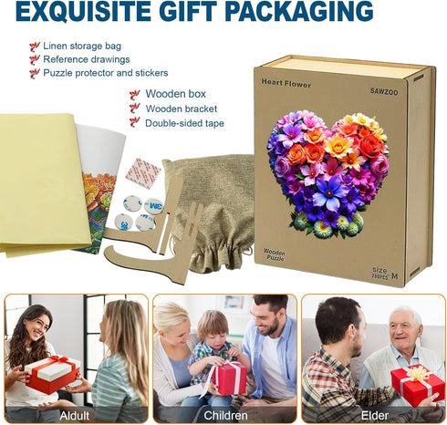 200 Wooden Puzzles for Adults, Heart Flower Piece Unique Shaped Wood Puzzle, Creative Wooden Jigsaw Puzzle Gift, Family