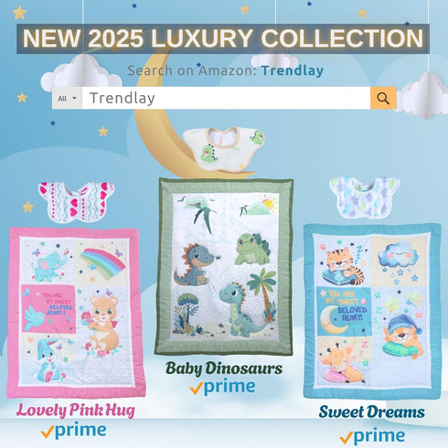 TrenD'Lay 4 set set Piece - Includes Comforter, Fitted sheet, Crib skirt and Bib. Unisex Baby Dinosaurs Crib bedding