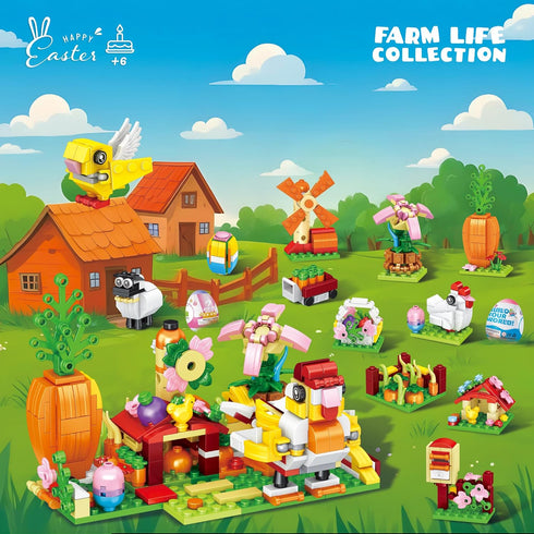 2026 Set -12-in-1 6+, New Easter Gifts Building for Kids Happy Farm Village Building Toy with Prefilled Eggs, Easter