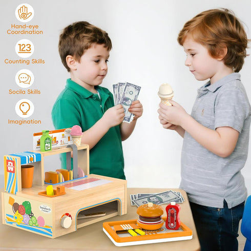 Sets Counter 56 3+ Foldable Wooden Play Food Sandwich with Storage, Pcs Pretend Play Kitchen Food Toy, Burger, Ice