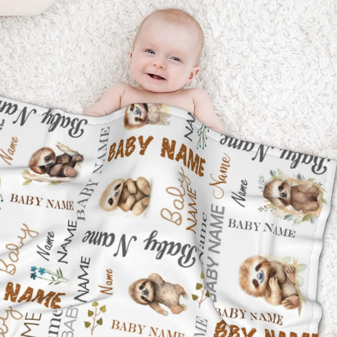 Novusopt Personalized Sloth Baby Blanket - Custom Name Receiving Blanket for Boys, Newborn Soft Nursery Blankets, Kids