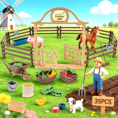 36PCS Playset Wheelbarrow, 3+ Farm Toys for Kids, Realistic Horse Stable with Fence & Gate, Mini Hay Bales, Kids